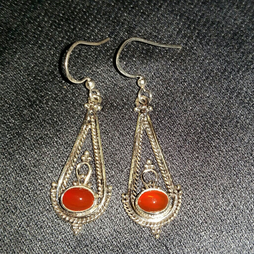 925 Silver Filigree Carnelian Hook Earrings - Picture 3 of 6
